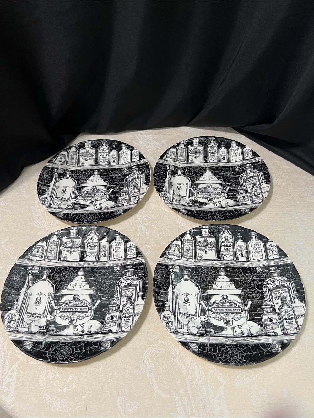 Royal Wessex Black & White Apothecary Decorative Dinner Plates - Set of 4